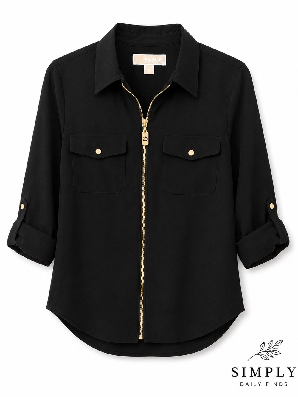 Michael Kors Black Zip Front Blouse XS Gold Hardware Roll Tab Sleeve